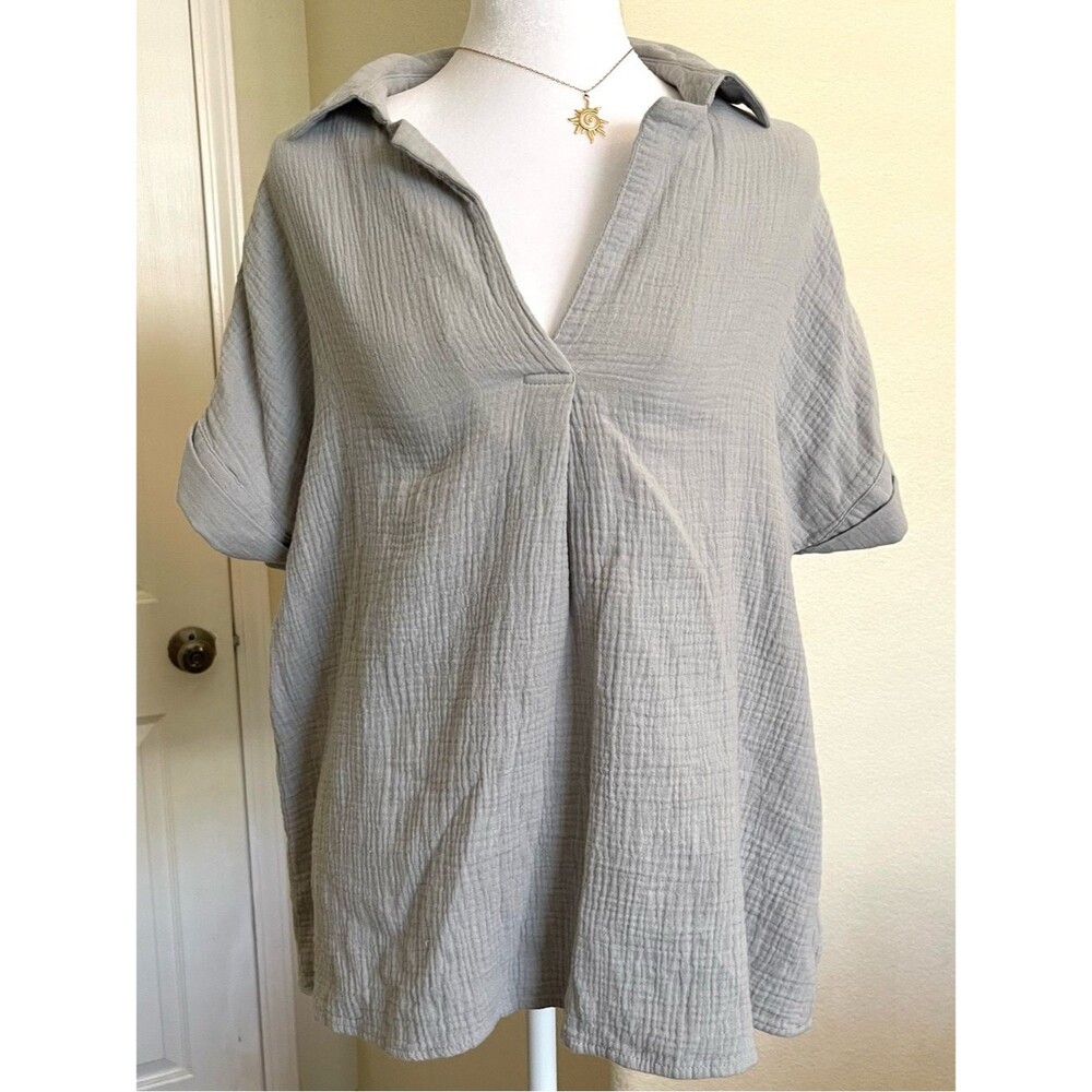 Cotton Bleu 100% Cotton Grey V-Neck Peasant Cottagecore Blouse